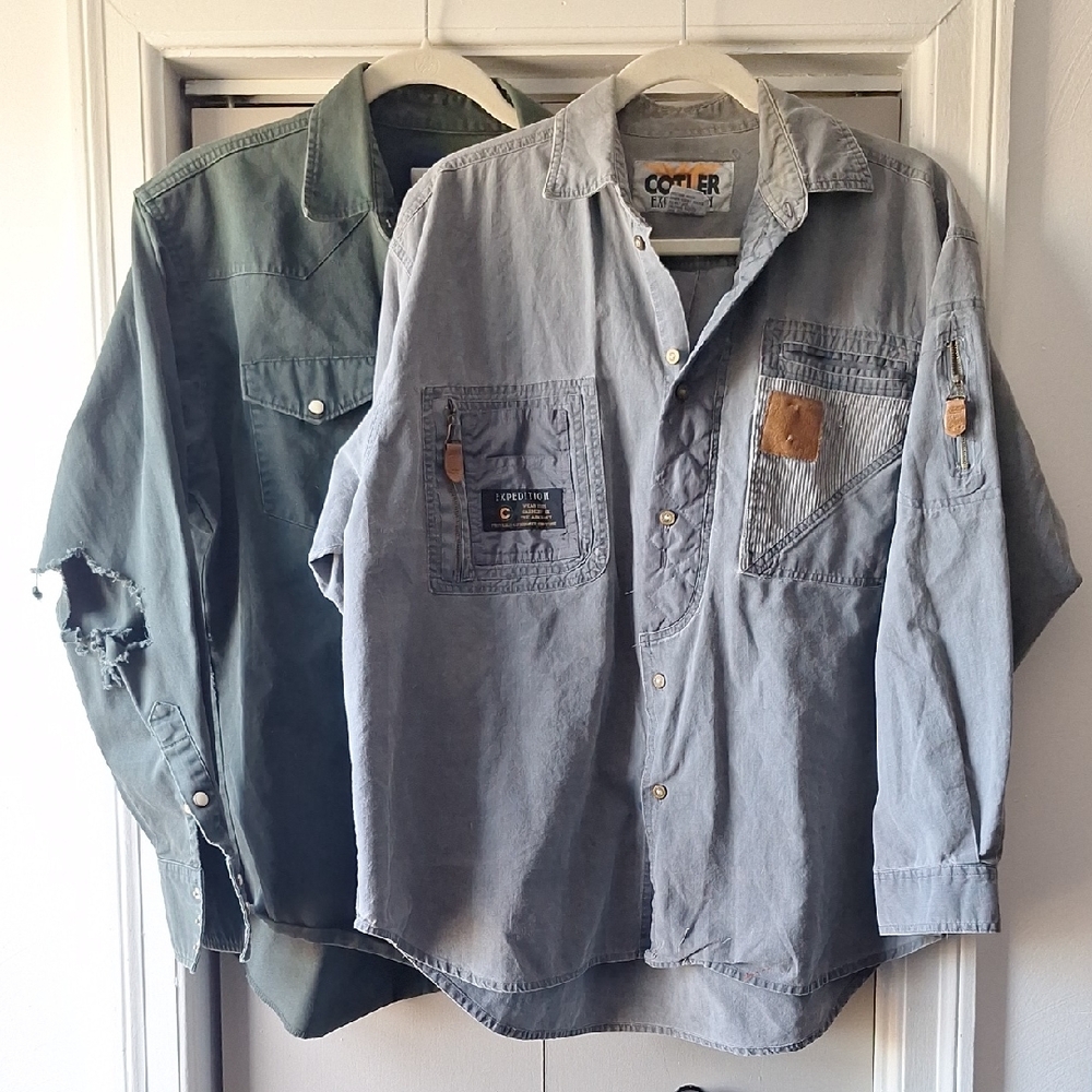 Vintage Grunge Green and Gray Casual Button Down Shirts, Lot Of 2